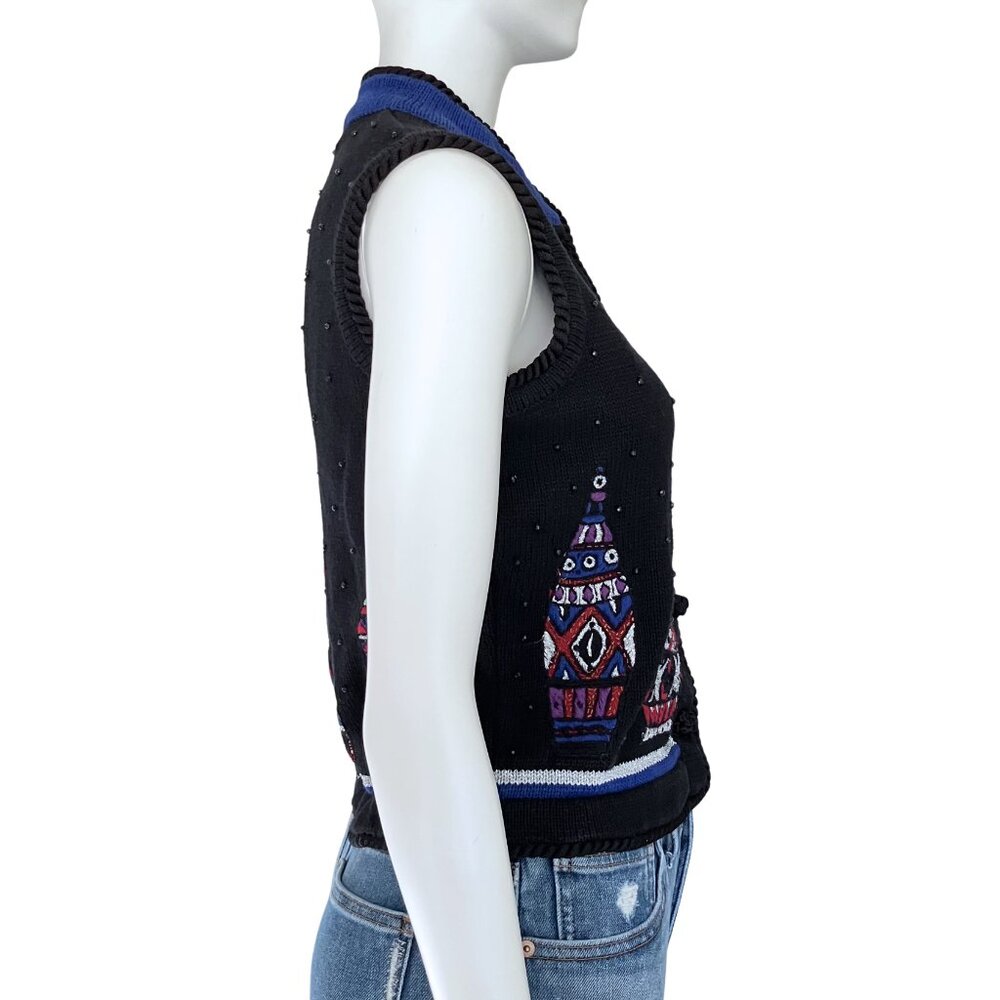 Vintage 90s Black Beaded Sweater Vest Christmas. Small. Cottagecore Embroidered - Picture 5 of 11